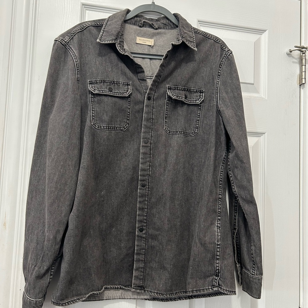 AllSaints Men LDenim Shirt Snap Front Casual Utility Style Gray Long Sleeves
